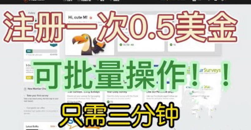 国外项目注册一次0.5美金，只需三分钟无脑操作，可批量同时放大操作，小白工作室福利【揭秘】